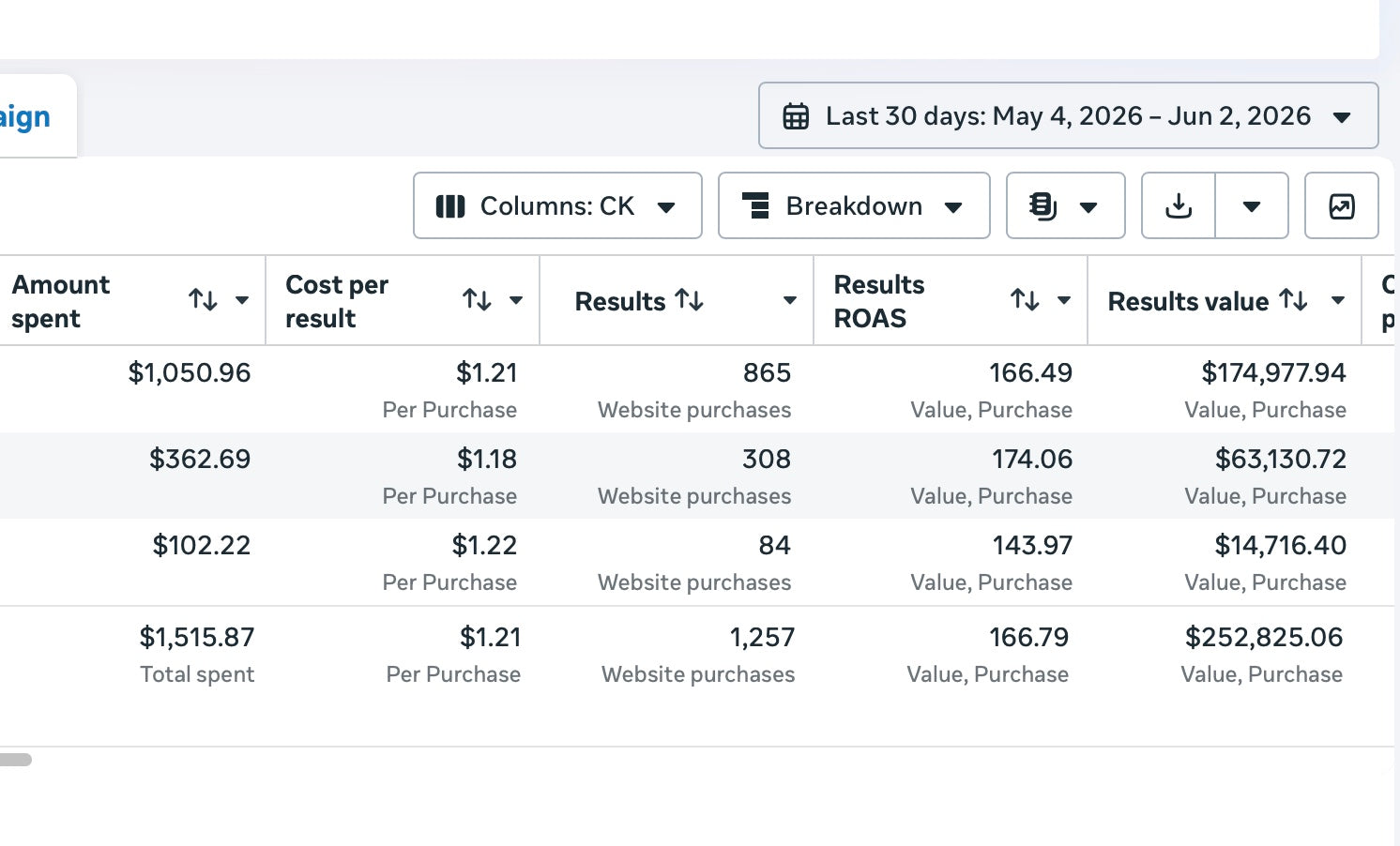 Client ad reporting dashboard showing 166x ROAS and $252,825 in purchase value